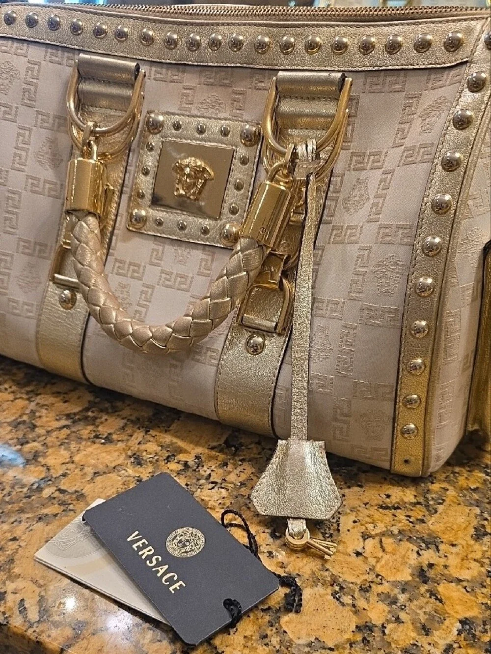 Gorgeous Versace Cream and Gold Medusa Studded Satchel with Braided Handle